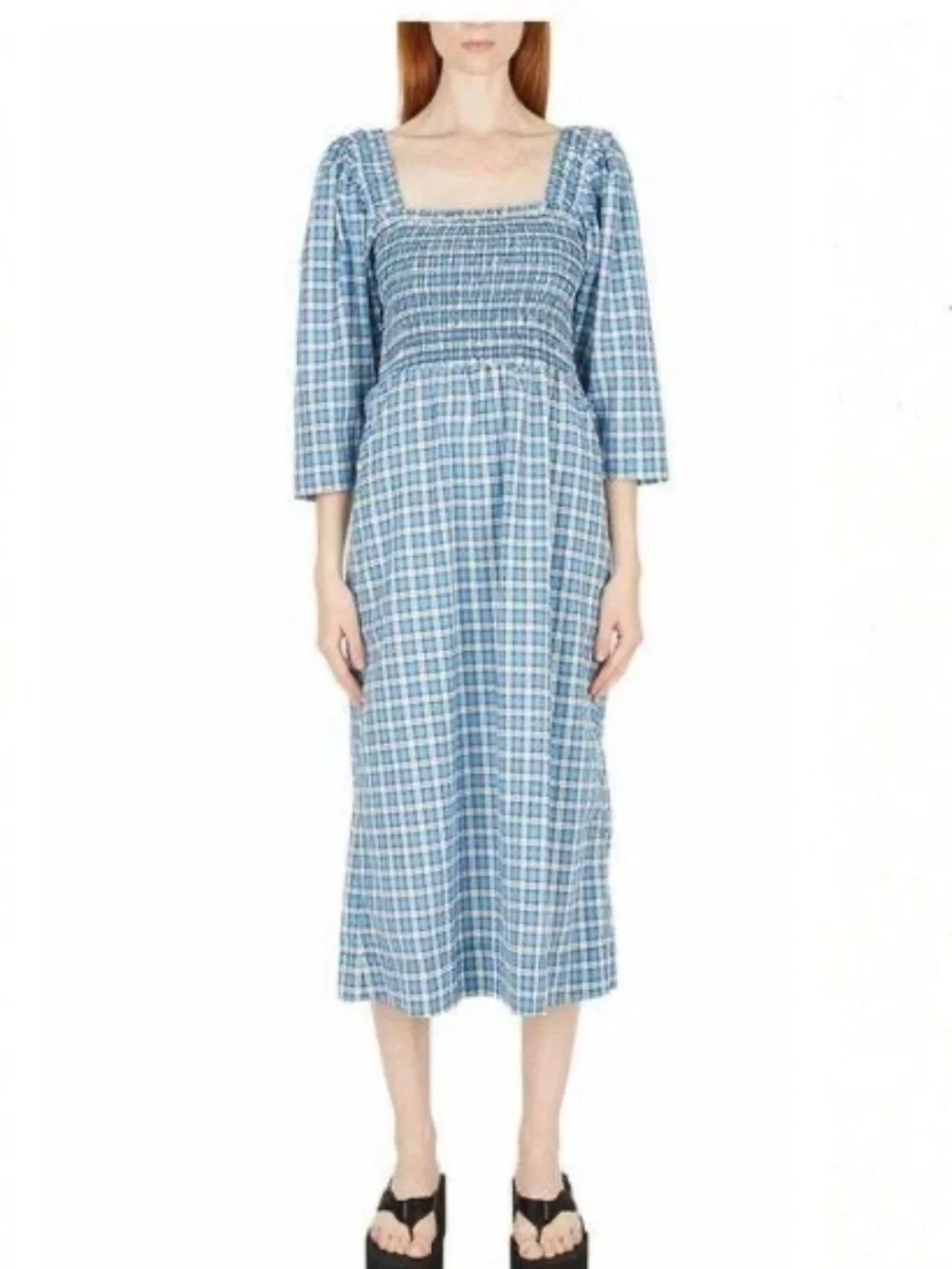 Ganni Blue Plaid Smocked Midi Dress - Women's